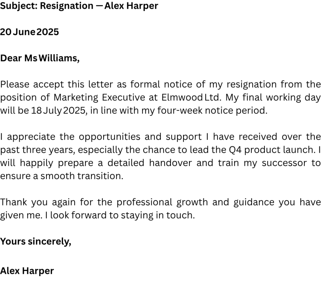 Sample resignation letter example